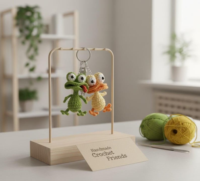 Puede incluir: Dos llaveros de animales hechos a mano con ganchillo: una rana verde con una lengua roja y un pato amarillo con detalles en naranja. Cuelgan de un marco de metal sobre una base de madera. Un letrero dice "Handmade Crochet Friends."