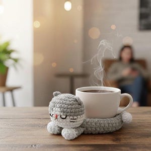 Könnte beinhalten: Eine weiße Kaffeetasse auf einem grauen, gehäkelten Katzenuntersetzer auf einem Holztisch. Der Katzenuntersetzer ist grau und weiß, mit geschlossenen Augen und einem roten Mund. Dampf steigt vom Kaffee auf.