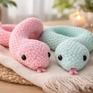 Op de afbeelding: Twee gehaakte slangen. Eén is roze, de andere lichtgroen. Beide hebben zwarte knoopogen en roze tongen. De slangen liggen op een crèmekleurige doek met franjes.