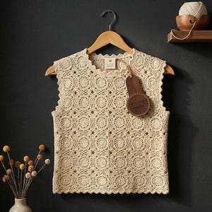 May include: A cream-colored, sleeveless crochet top with a scalloped neckline and hem, hanging on a wooden hanger. A brown leather tag with the text "ARTI-CHET" is attached. The top features a circular pattern.