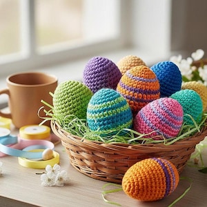 May include: A wicker basket filled with colorful, crocheted Easter eggs. The eggs are various colors, including green, purple, blue, orange, and pink, and are arranged on green decorative grass. A brown mug and ribbons are in the background.