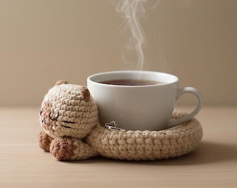 Patrón de posavasos de gato a crochet / Bandeja decorativa 2 en 1 de amigurumi (Descarga en PDF)