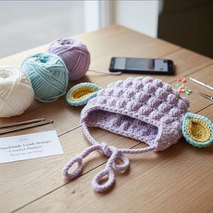 Puede incluir: Un gorro de cordero de ganchillo lavanda hecho a mano con orejas amarillas y azules, junto a ovillos de lana blanca, turquesa y morada. La imagen también muestra ganchillos, tijeras y un teléfono inteligente sobre una superficie de madera. Una tarjeta dice "Handmade Lamb Bonnet - Crochet Pattern - Find us on Etsy!"