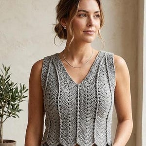 May include: A grey, sleeveless crochet top with a V-neck. The top has a detailed, textured stitch pattern and a scalloped hemline. The garment is worn with dark denim jeans.