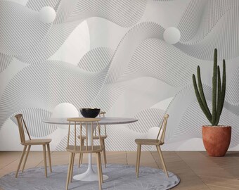 White Gray Waves Wallpaper Dimensional 3D Look Peel and Stick Textured