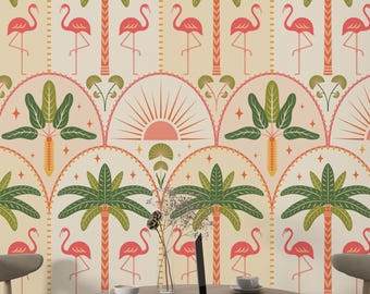Flamingo Vintage Wallpaper Flamingos And Trees Pink Pattern Botanical Peel and Stick Textured