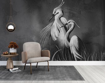 Birds in Nest Dark Wallpaper Grunge Background Peel and Stick Textured