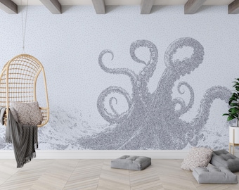 Octopus Tentacles Wallpaper Sea Animal Black And White Dotted Design Peel and Stick Textured