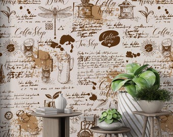 Coffee Themed Vintage Wallpaper Pastel Brown Cafe Pattern Kitchen Peel and Stick Textured