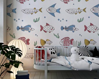 Colorful Fish Wallpaper Cartoon Sea Animals Pattern For Kids Room Peel and Stick Textured