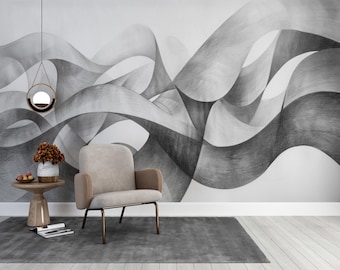 White Gray Waves Wallpaper Dimensional 3D Look Lines Geometric Peel and Stick Textured
