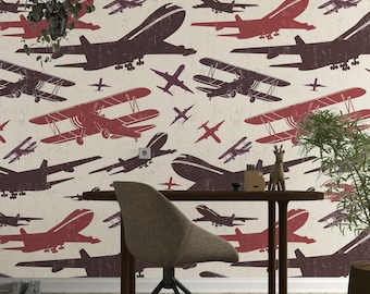 Aircraft Wallpaper Teen Kids Room Plane Pattern Brown Peel and Stick