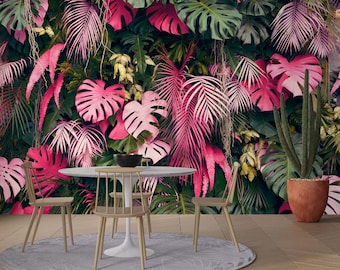 Pink Botanical Wallpaper Big Leaves Greenery Peel and Stick Textured