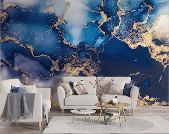 Dark Blue Marble Wallpaper Gold Details Full Mural Peel and Stick Textured