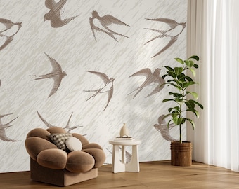 Birds With Lines Wallpaper Brown Lines Pattern Peel and Stick Textured