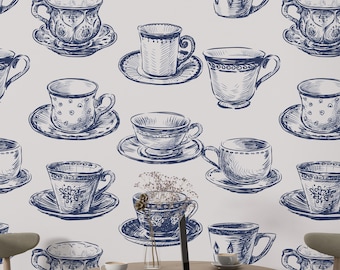Vintage Cups and Teapots Wallpaper Dark Blue Kitchen Pattern Textured Peel & Stick