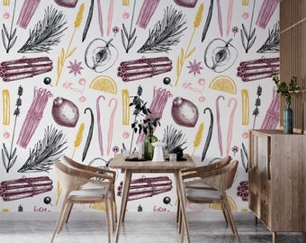 Colorful Spices Pattern Wallpaper Pastel Cinnamon Spicy Kitchen Peel and Stick Textured