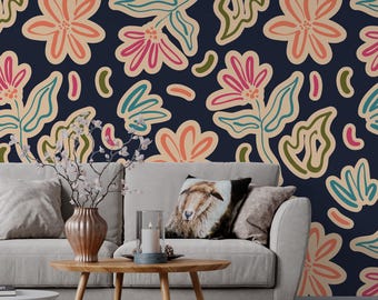 Papier peint fleurs colorées motif floral pastel foncé texturé