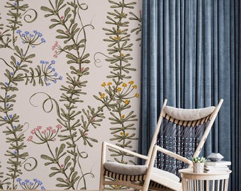 Pastel Botanical Wallpaper Plants With Little Flowers Pattern Peel and Stick Textured