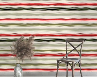 Stripes Vintage Wallpaper Green Red Lines Pastel Pattern Peel and Stick Textured