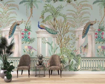 Peacock Botanical Wallpaper Floral Pastel Botanic Birds Pattern Light Green Peel and Stick Textured