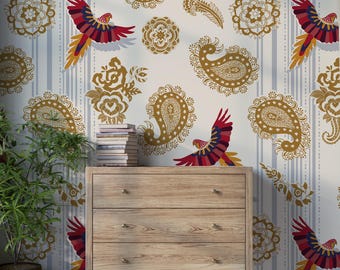 Birds Vintage Wallpaper Yellow Damask Pattern Red Birds Lines Ornament Peel and Stick Textured