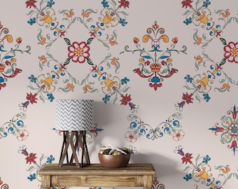 Colorful Traditional Pattern Wallpaper Mosaic Pastel Lines Ornament Peel and Stick Textured