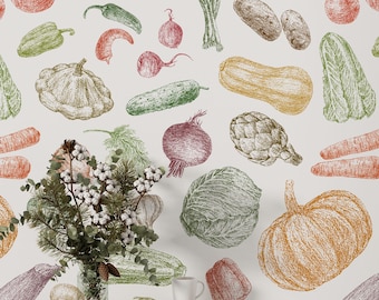 Colorful Veggies Pattern Wallpaper Pastel Vegetables Kitchen Peel and Stick Textured