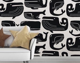 Whale Modern Wallpaper Black Whale Minimal Pattern Peel and Stick Textured