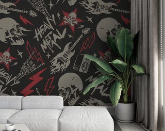 Music Wallpaper Dark Heavy Metal Skulls Musical Instrument Pattern Peel And Stick Textured