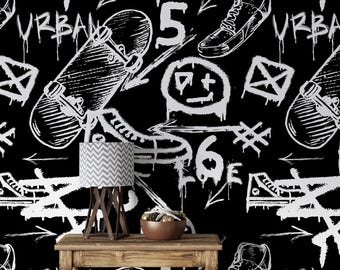 Street Style Graffiti Chalk-like Pattern Dark Wallpaper Peel And Stick Textured