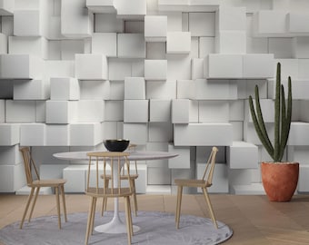 White Gray Cubes Wallpaper Dimensional 3D Look Geometric Peel and Stick Textured