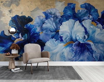 Blue Floral Wallpaper Oil Painting Look Grunge Wall Peel and Stick Textured