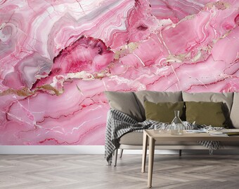 Pink Marble Wallpaper White Gold Details Full Mural Peel and Stick Textured
