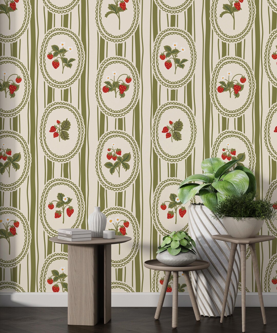 Strawberry Vintage Wallpaper Green Stripes Pastel Pattern Peel and ...