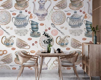 Cups And Teapots Vintage Wallpaper Colorful Pastel Kitchen Pattern Cafe Peel and Stick Textured