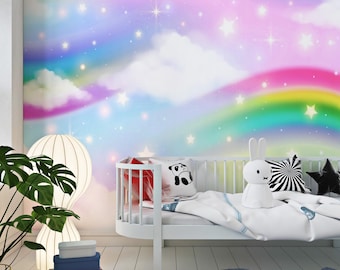 Rainbow Watercolor Clouds Stars Wallpaper Kids Room Peel Stick Textured