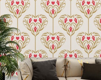 Floral Heart Damask Wallpaper Yellow Lines Red Flowers Peel and Stick Textured