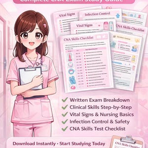 May include: An illustrated study guide for CNA exam preparation. The image features a cartoon nurse holding a clipboard, with study materials and checklists. Text includes "Pass Your CNA Exam With Confidence" and "Complete CNA Exam Study Guide."
