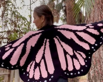 Rosa Schmetterling häkeln Cardigan, handgemachter übergroßer Strickpullover, Boho Chunky Cardigan Monarch Flügel Jacke Ästhetisch gemütlicher Wrap, Geschenk für Sie