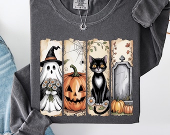 Cute Ghost Black Cat Halloween Longsleeve, Comfort Colors Spooky Tee