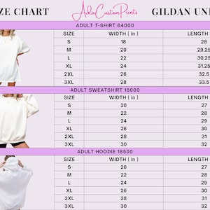 May include: A size chart for Gildan Unisex apparel featuring three sections for Adult T-Shirt 64000, Adult Sweatshirt 18000, and Adult Hoodie 18500. Each section lists sizes from S to 3XL with corresponding width and length measurements in inches.
