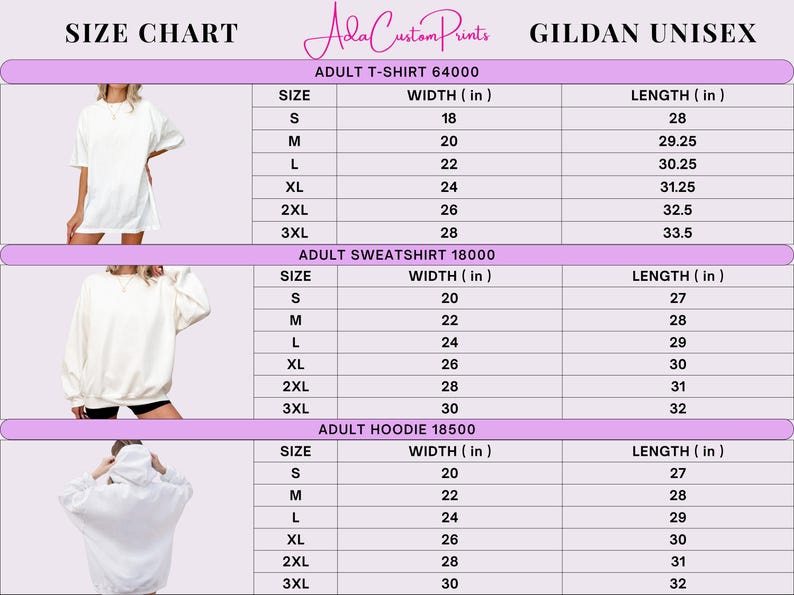 May include: A size chart for Gildan Unisex apparel featuring three sections for Adult T-Shirt 64000, Adult Sweatshirt 18000, and Adult Hoodie 18500. Each section lists sizes from S to 3XL with corresponding width and length measurements in inches.