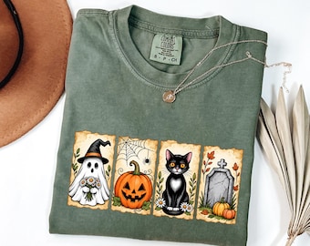 Vintage Halloween Tee with Ghost Pumpkin Black Cat and Tombstone, Comfort Colors