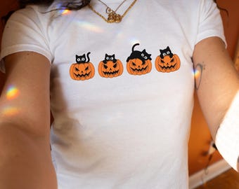 Black Cat Pumpkin Baby Tee, Cute Y2K Halloween Shirt