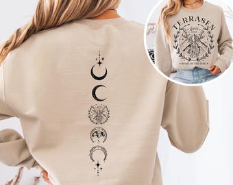Celestial Stag Sweatshirt, Fantasy Moon and Mountain Front Back Design