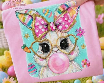 Easter Bunny Blowing Bubblegum PNG, Whimsical Spring Clipart, Sublimation Design