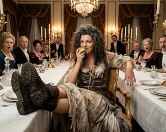 Lámina artística Steampunk de una mujer rebelde cenando, escena victoriana desafiante, arte mural de carácter audaz.