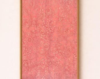 Estampado floral rosa coral - Arte textil de pared veraniego - Decoración cálida mediterránea