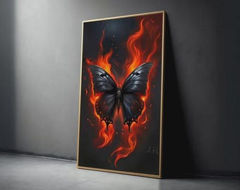 Cuadro de mariposa negra ardiente sobre lienzo, decoración de insectos llameantes, ilustración de fantasía oscura